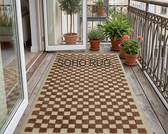 Handmade Brown Checkered Wool Rug - Modern Natural Hand Tufted Wool Area Rug.