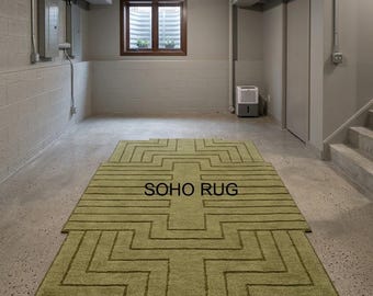 Ręcznie tkany wełniany dywan w kolorze oliwkowo-zielonym, geometryczny, nowoczesny dywan w stylu art déco.