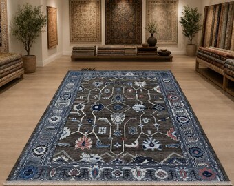 Hand-Knotted Oushak Rug - Brown & Blue Traditional Area Rug.