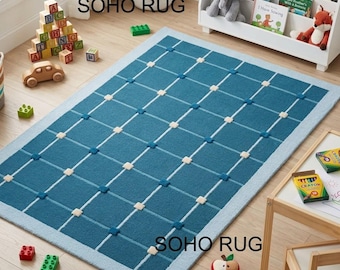 Modern Blue Grid Rug, Soho Rug Geometric Minimalist Hand-Tufted Wool Area Rug.