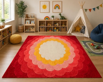 Hand Tufted Flower Scallop Wool  Area Rug, Groovy retro Concentric Pattern Carpet, Red Pink Mustard Rug