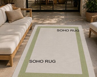 Salbeigrüner Indoor Outdoor Teppich - Minimalistischer Creme Handbüscheliger Wollteppich