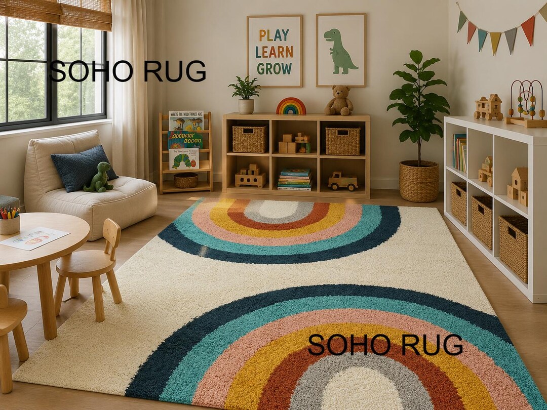 Hand Tufted Wool Rug - Mid Century Modern Rainbow Area Rug - Retro ...