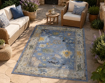 Alfombra Oushak anudada a mano - Alfombra moderna de lana azul y dorada de estilo transicional.