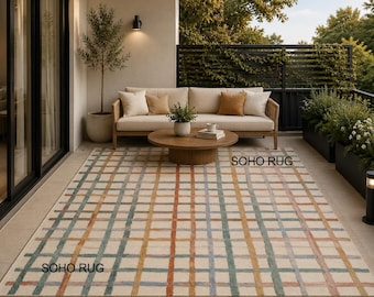 Tappeto in stile Mid-Century Modern con motivo a griglia - Tappeto in lana trapuntato a mano con motivo astratto a quadri colorati.