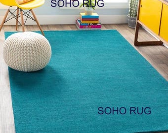 Solid Teal Blue Soho Rug - Modern Minimalist Hand-Tufted Wool Area Rug.