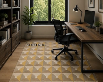 Mid-Century Modern 3D Cubist Hand Tufted Geometric Wool Rug in Gold and Grey Rug.