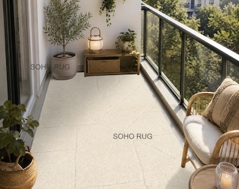 Tappeto in lana color crema trapuntato a mano – Texture geometrica a rilievo, stile moderno