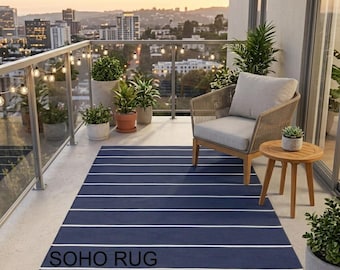 Navy Blue and White Striped Area Rug - Modern Nautical Hand Tufted Rug.