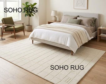 Dywan wełniany tkany ręcznie, kratka Soho Off White, nowoczesny, minimalistyczny.