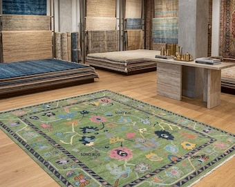 Handgeknoopt wollen vloerkleed, saliegroen vloerkleed in Oushak-stijl.