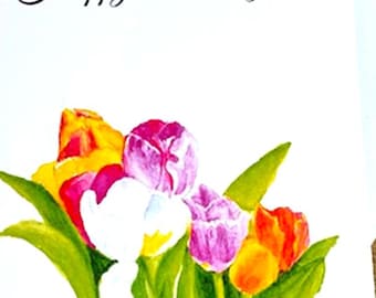 Biglietto di auguri di compleanno con tulipani acquerellati: dipinto floreale originale (5x7)