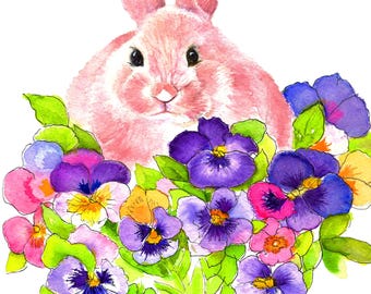 Bunny Nursery Digital Download:  Watercolor Pink Bunny with Pansies
