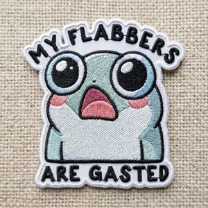 May include: Embroidered patch featuring a cartoon frog with large eyes and an open mouth, expressing surprise. The patch is light blue, with pink accents and the text "MY FLABBERS ARE GASTED" in black lettering.