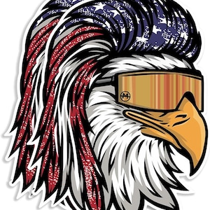 May include: A sticker featuring a stylized bald eagle head with a patriotic design. The eagle's feathers are colored with the American flag, and it wears gold-tinted goggles. The design is outlined in black and white.