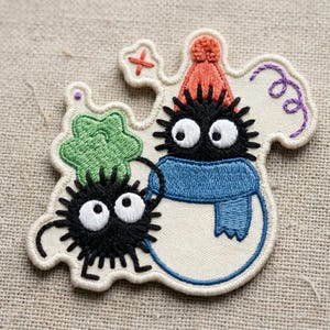 Winter Soot Sprite Snowman Embroidered Patch, Iron On Badge, Kawaii Anime Soot Sprite with Star Candy for Jackets Bags