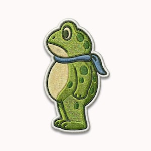 Aplique de sapo vintage com cachecol | Aplique termocolante de sapo em pé estilo cottagecore | Animal aconchegante da floresta | Broche para amantes de livros