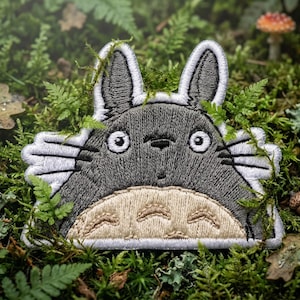 Kawaii Grey Forest Spirit Embroidered Patch, Large Guardian Creature Applique, DIY Clothing & Backpack Customization