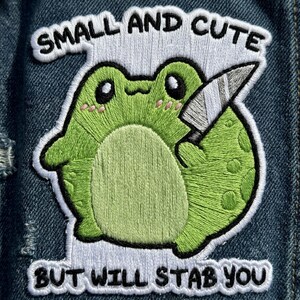 Funny Frog with Knife Patch | Cute But Will Stab You Iron On Applique | Unhinged Meme Badge | Sarcastic Introvert Gift