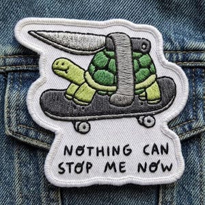May include: Embroidered patch featuring a green turtle riding a skateboard, with a silver knife on its back. The patch has a white border and the text "NOTHING CAN STOP ME NOW" in black.