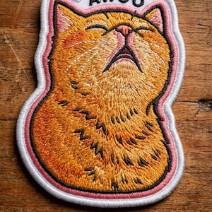 May include: Embroidered patch featuring an orange cat with closed eyes and an open mouth, with the word "AWOO" above. The patch has a white border with a pink outline, and is on a wooden surface.