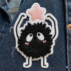 Cute Soot Sprite Patch - Susuwatari with Pink Star Candy Embroidery - Spirited Away Iron On Badge for Backpacks - Fan Gift