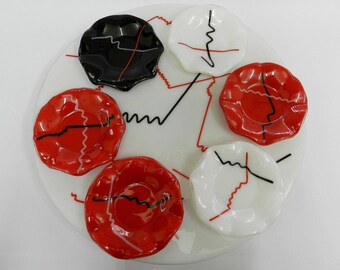 20% OFF !!! Lasy Susan passover plate fused glass hand made by dalit glass White,red and black