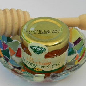 ROSH HASHANAH Jewish holidays colorful fused glass bowl, honey & wooden honey dipper handmade by Dalit glass gift from Israel