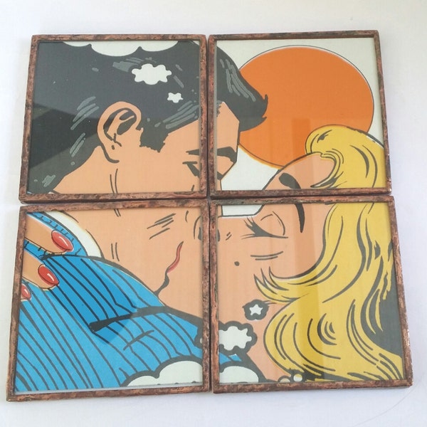 Roy Lichtenstein Pop art  Stained glass 4 coasters handmade by dalit glass