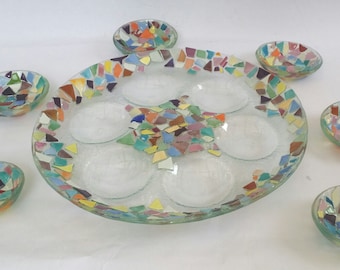 Round colorful Passover plate&6 small colorful bowls fused glass handmade by DALIT-GLASS dalitglass