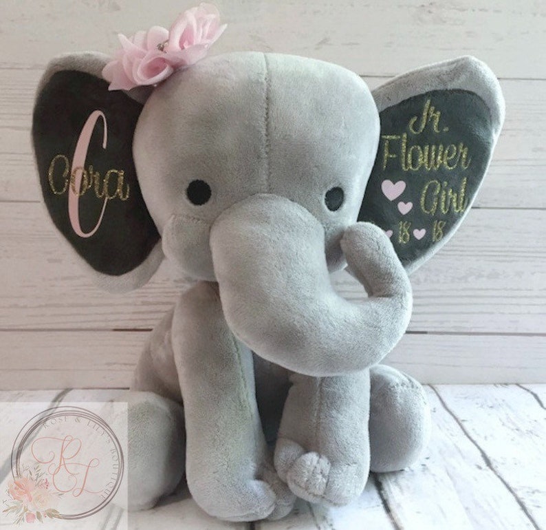 Unique Gifts for Flower Girls, Elephant Stuffed Animal with Name, Wedding Keepsake for Bridal Party, Personalized Gifts for Flower Girls image 7