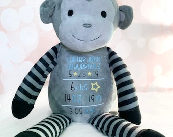 Personalized Monkey, Baby Boy Birth Stat Monkey, Stuffed Animal, Newborn Gift, Baby Gift, Newborn Present, Newborn Keepsake, Newborn Memento