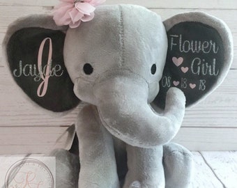 Unique Gifts for Flower Girls, Elephant Stuffed Animal with Name, Wedding Keepsake for Bridal Party, Personalized Gifts for Flower Girls