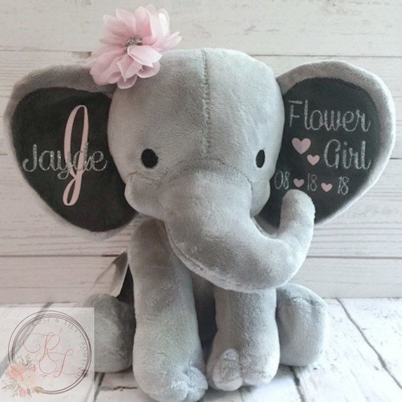 Unique Gifts for Flower Girls, Elephant Stuffed Animal with Name, Wedding Keepsake for Bridal Party, Personalized Gifts for Flower Girls image 1