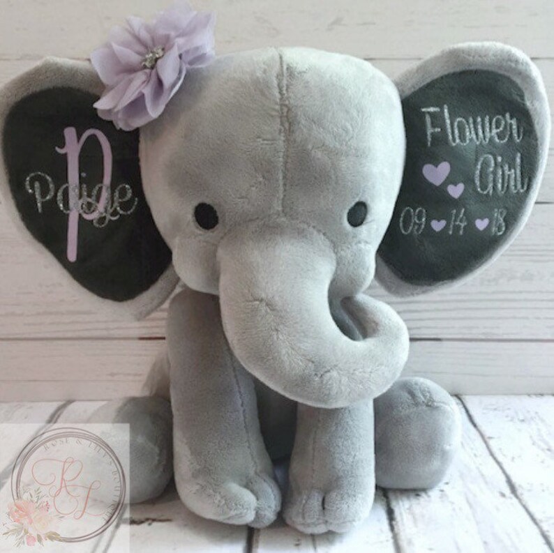 Unique Gifts for Flower Girls, Elephant Stuffed Animal with Name, Wedding Keepsake for Bridal Party, Personalized Gifts for Flower Girls image 3