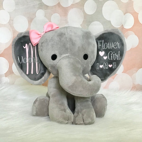 Unique Gifts for Flower Girls, Elephant Stuffed Animal with Name, Wedding Keepsake for Bridal Party, Personalized Gifts for Flower Girls