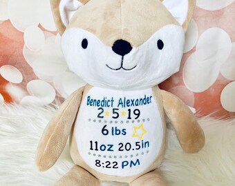 Personalized Fox, Baby Boy Birth Stat Fox, Stuffed Animal, Newborn Gift, Baby Gift, Newborn Present, Newborn Keepsake, Birth Announcement