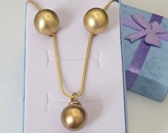 Gold ball earrings and pendant set, 10mm post studs and necklace, Christmas gift