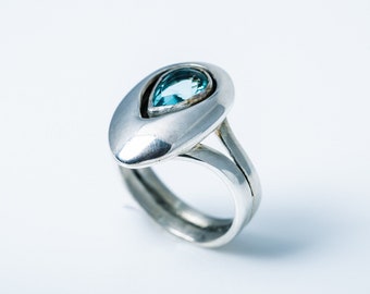 Statement ring, Blue topaz and silver, Jewel of Love, Thick Silver band, oval stone, engagement ring, December birthstone