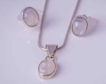 Moonstone jewelry, set in sterling silver, stone of new beginnings, oval post earring, Moonstone earring and necklace, gift for her