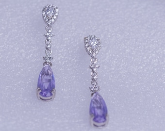 Lavender crystal post drop earrings, sterling silver handmade jewelry gift for her, Mothers day gift