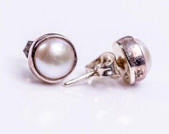 Pearl Earrings, handmade jewelry, real freshwater pearls, set in Sterling silver, June birthstone, white stud earring, Mothers Day Gift