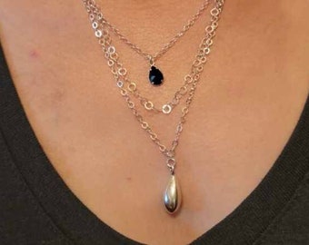 3 strand sterling silver necklace teardrop black crystal necklace