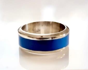 Silver and Blue enamel, sterling silver band ring