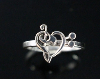 Music heart adjustable ring  Treble Bass clef Musical Love  jewelry Sterling silver Ring Handmade Mothers Day Gift for her