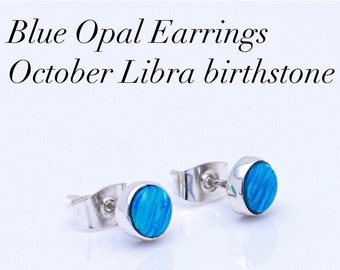 Blue Opal stud earrings, sterling silver, October birthstone, Mothers Day Gift