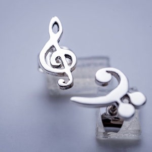 Music stud earrings, Treble and Bass Clef dainty earrings in opposite ears sterling silver handmade Chester Allen's unique music jewelry art image 4