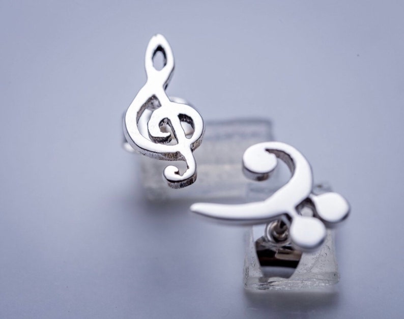 Music stud earrings, Treble and Bass Clef dainty earrings in opposite ears sterling silver handmade Chester Allen's unique music jewelry art image 4
