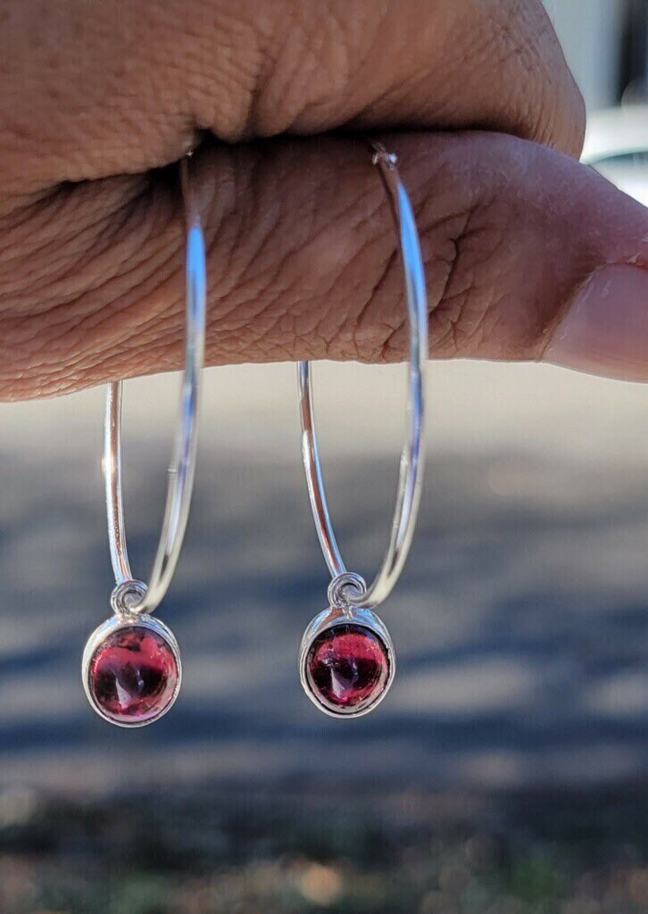 Garnet hoops, sterling silver, January birthstone, two and one earringsthumbnail