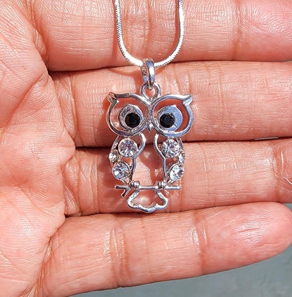 Owl Crystal Pendant Sterling Silver Dainty Handmade Minimalist